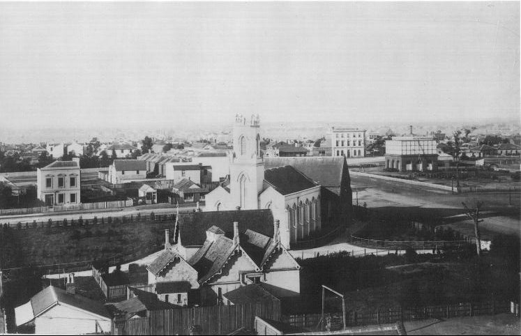 Church & vicarage from parliament, c. 1866